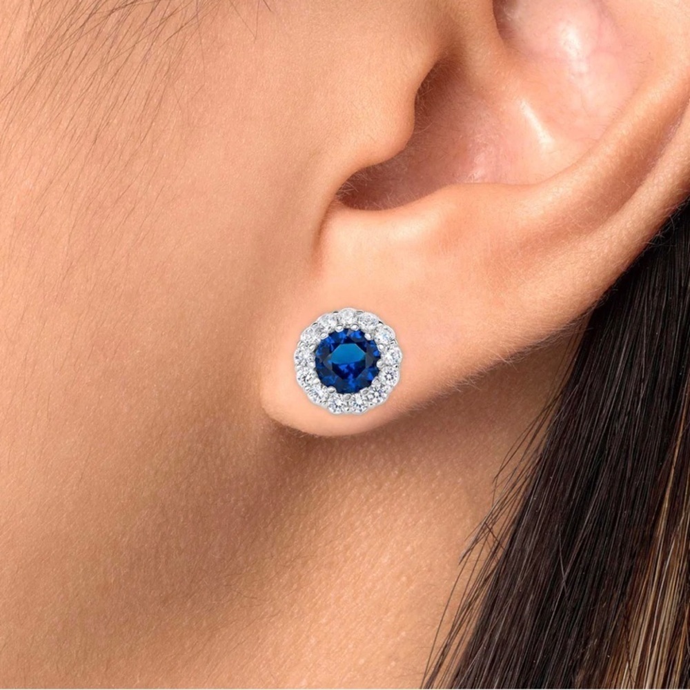 Silver 925 Rhodium Plated Blue Cubic Zirconia Round Stud Earring - Picture 2 of 2